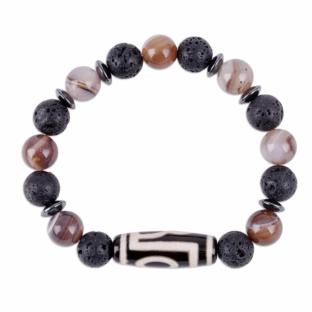 Agate Hematite Lava Stone Bead Dzi Stretch Pendant Bracelet - Chic Dzi