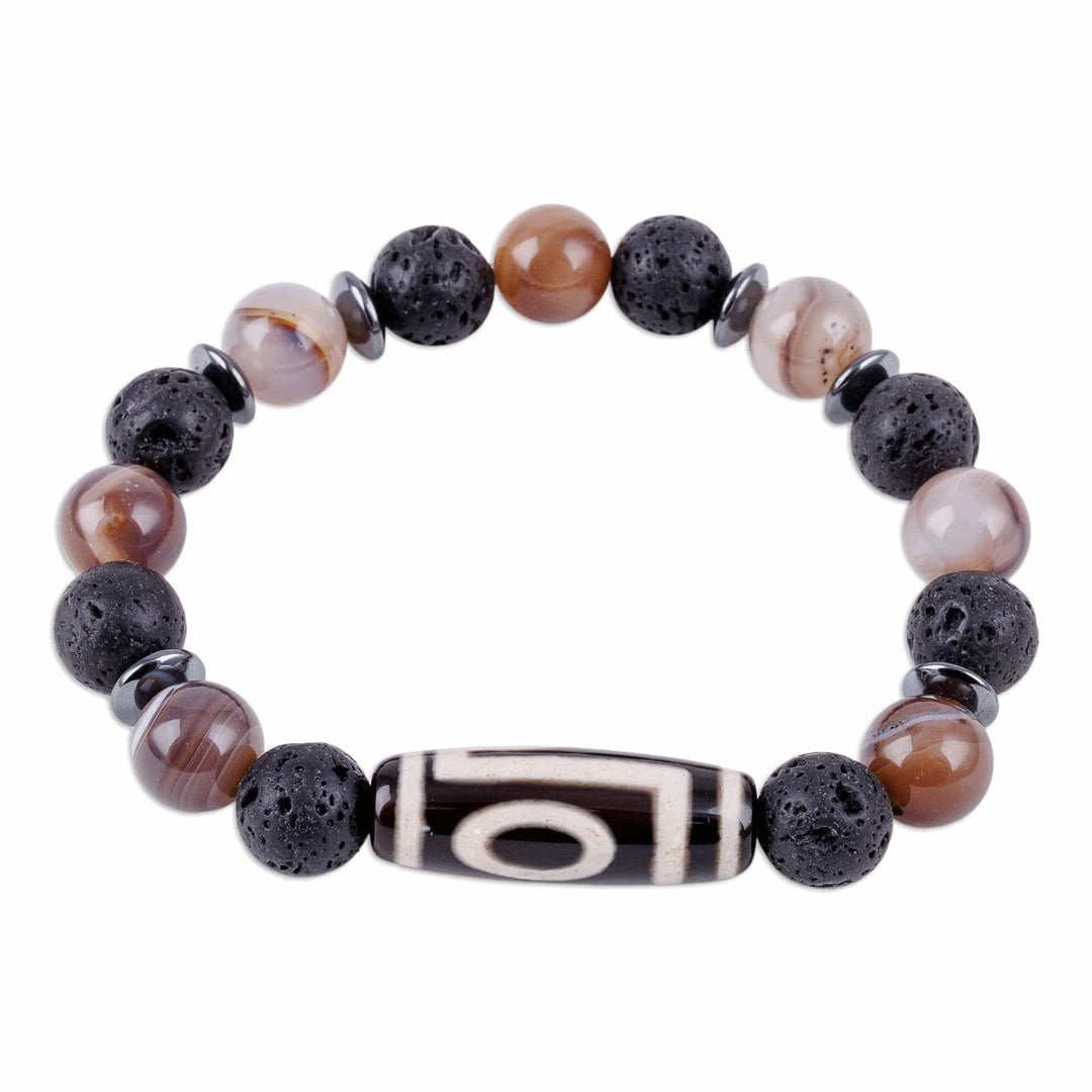 Agate Hematite Lava Stone Bead Dzi Stretch Pendant Bracelet - Chic Dzi