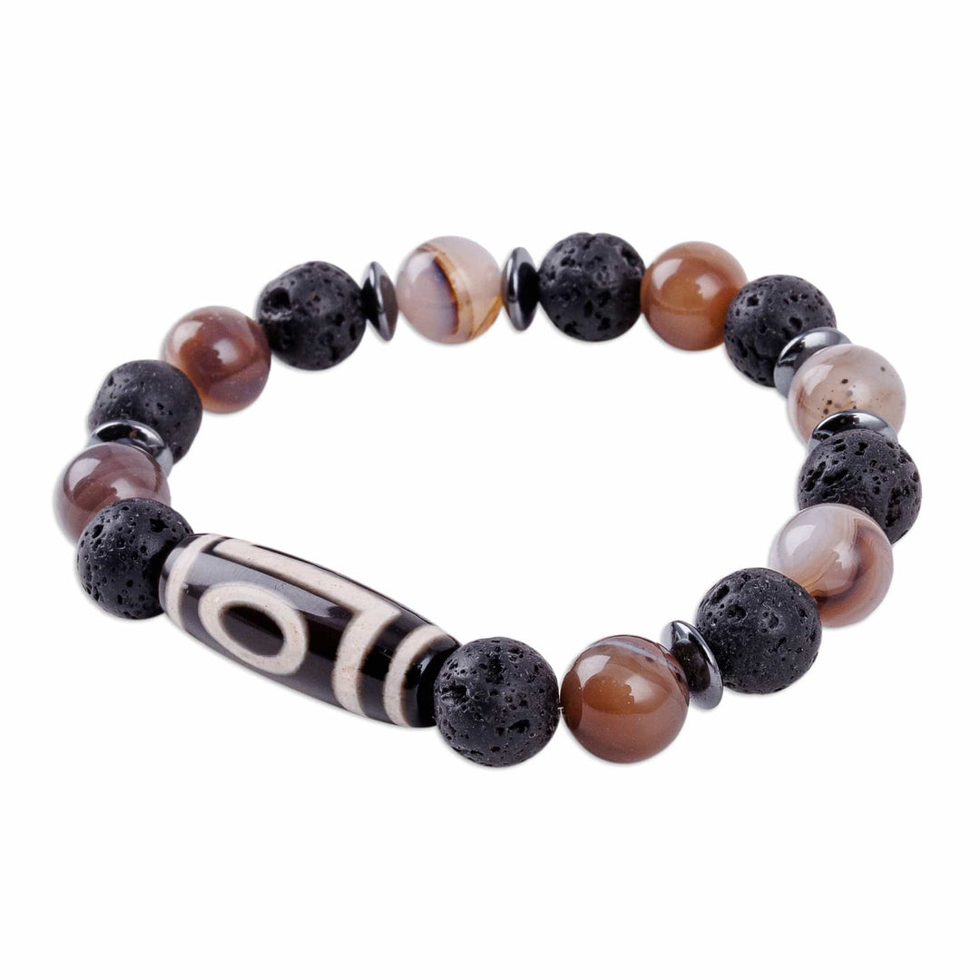 Agate Hematite Lava Stone Bead Dzi Stretch Pendant Bracelet - Chic Dzi