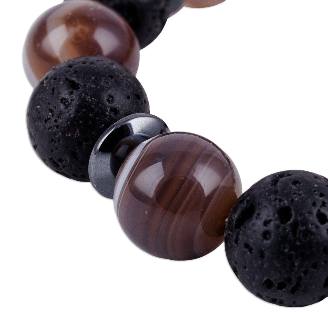 Agate Hematite Lava Stone Bead Dzi Stretch Pendant Bracelet - Chic Dzi
