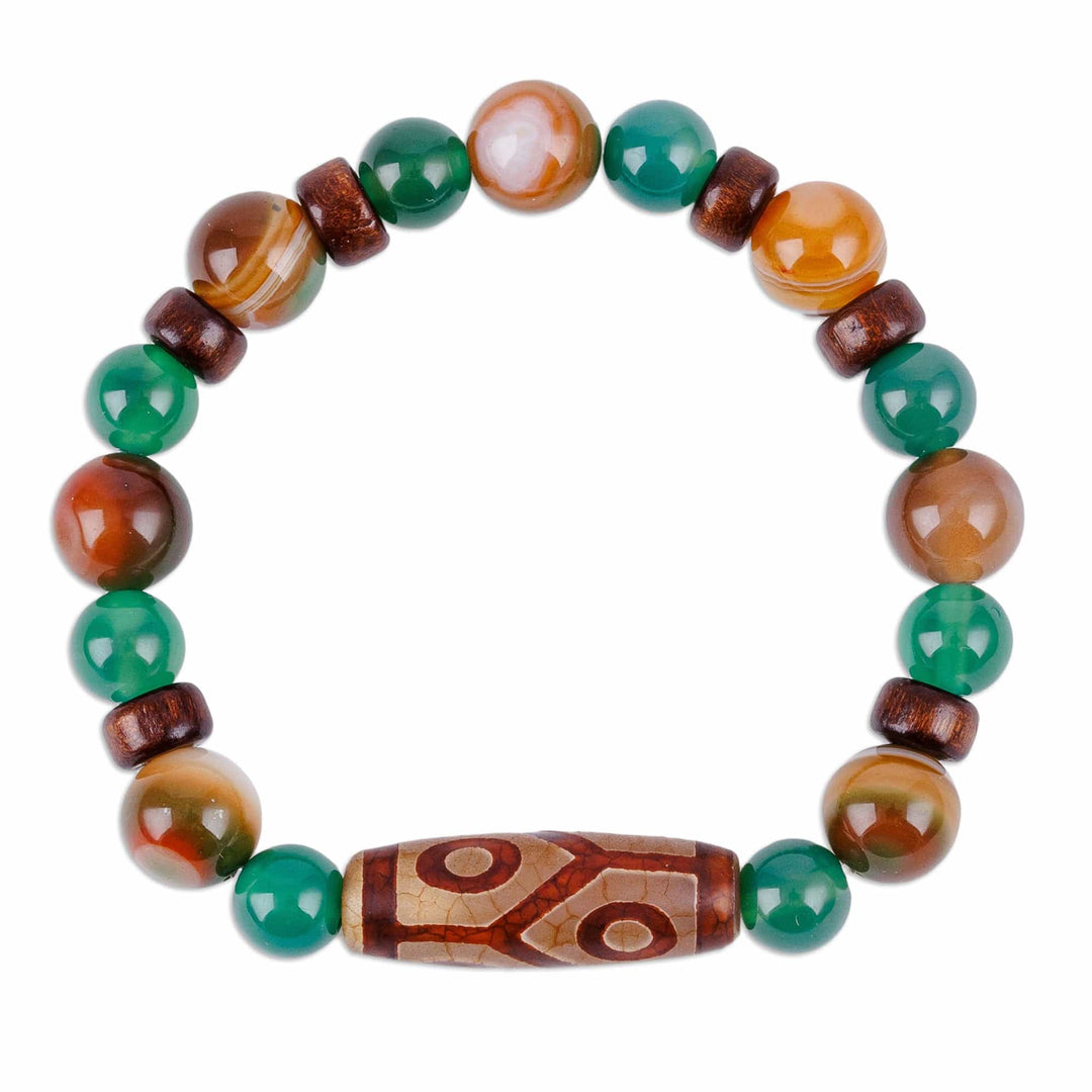 Green Dzi Multi-Gemstone Wood Bead Stretch Pendant Bracelet - Green Dzi