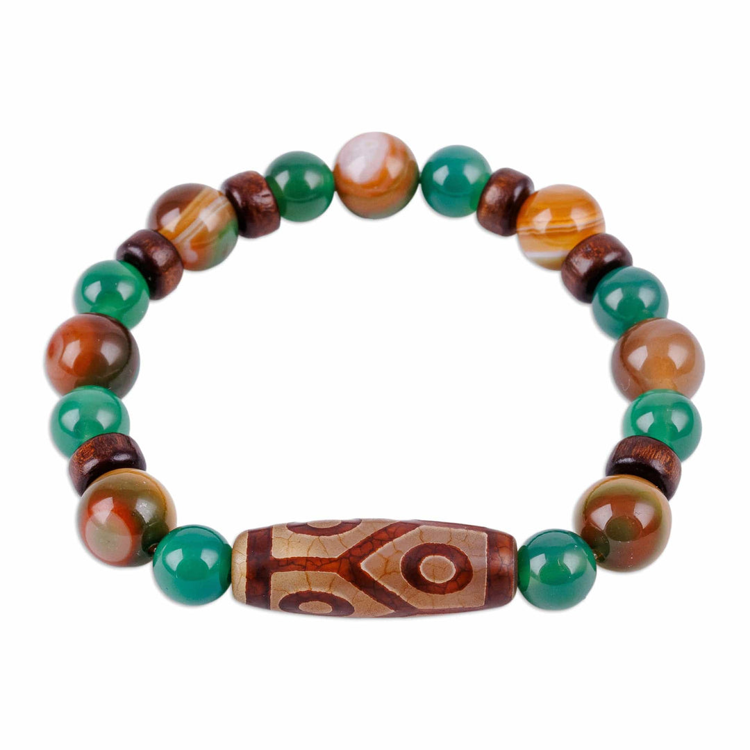 Green Dzi Multi-Gemstone Wood Bead Stretch Pendant Bracelet - Green Dzi