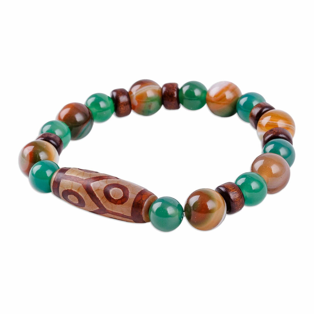 Green Dzi Multi-Gemstone Wood Bead Stretch Pendant Bracelet - Green Dzi