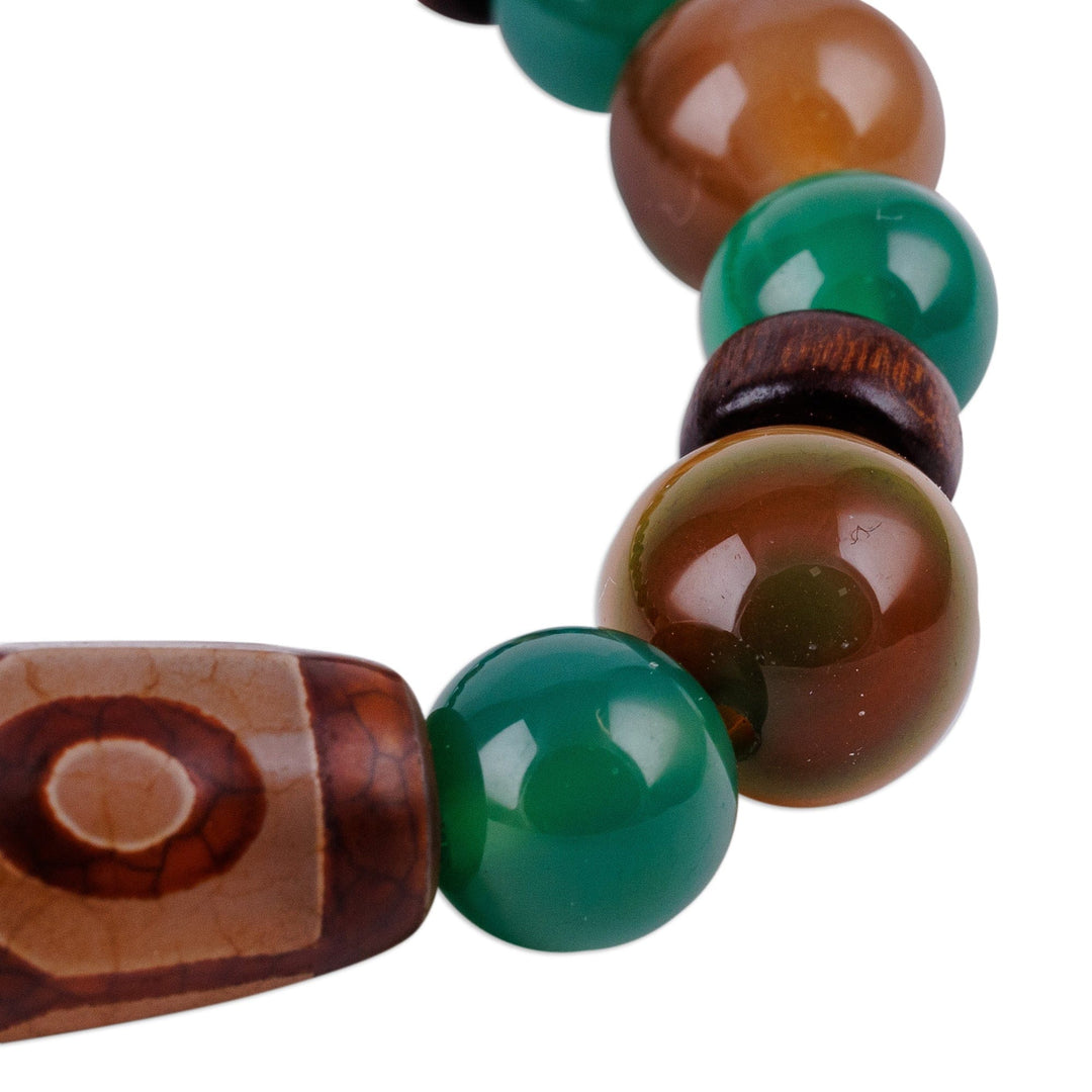 Green Dzi Multi-Gemstone Wood Bead Stretch Pendant Bracelet - Green Dzi