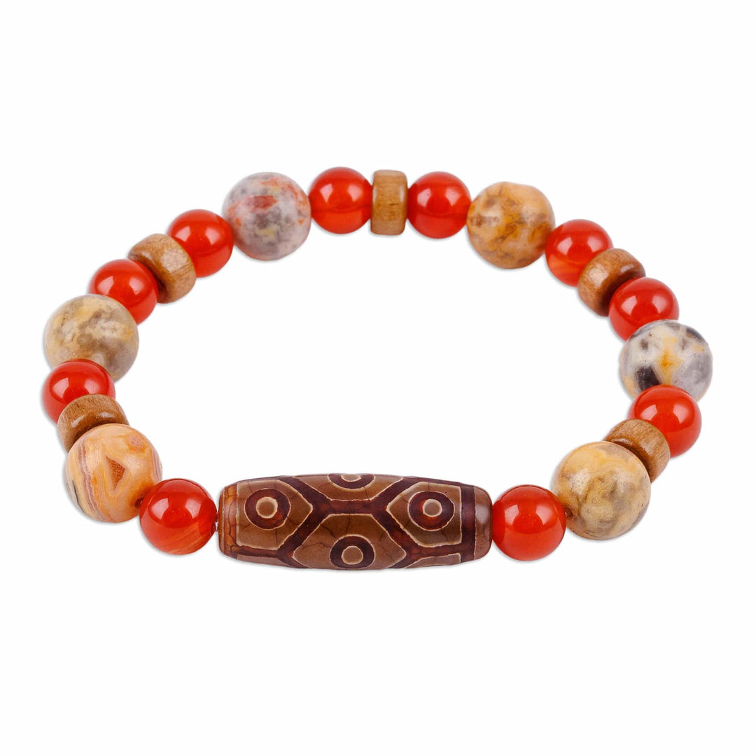 Multi-Gemstone Wood Beaded Dzi Stretch Pendant Bracelet - Orange Dzi