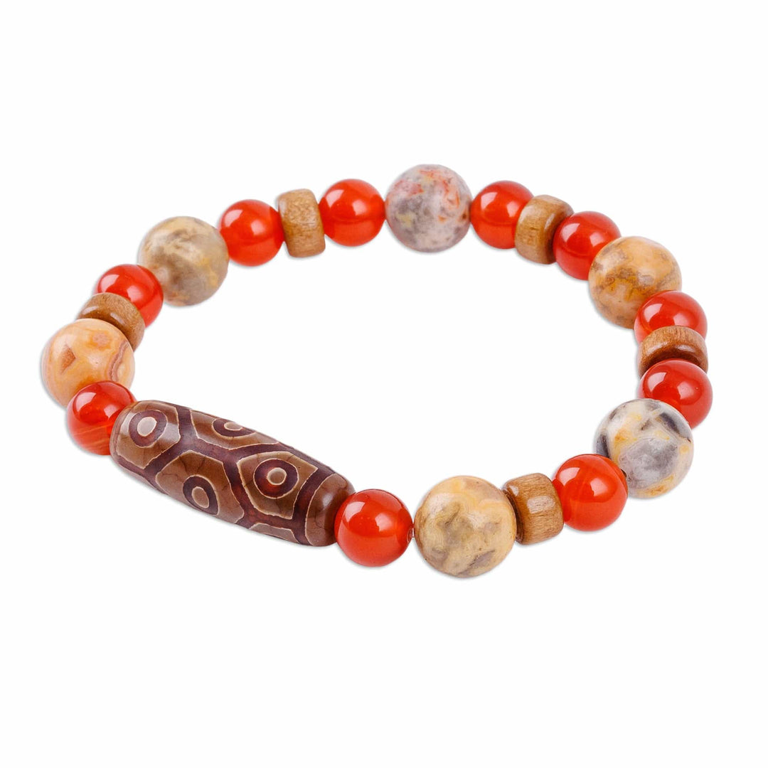 Multi-Gemstone Wood Beaded Dzi Stretch Pendant Bracelet - Orange Dzi