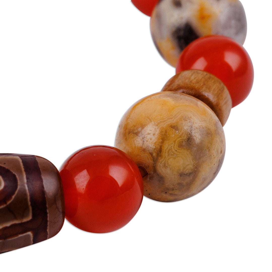 Multi-Gemstone Wood Beaded Dzi Stretch Pendant Bracelet - Orange Dzi