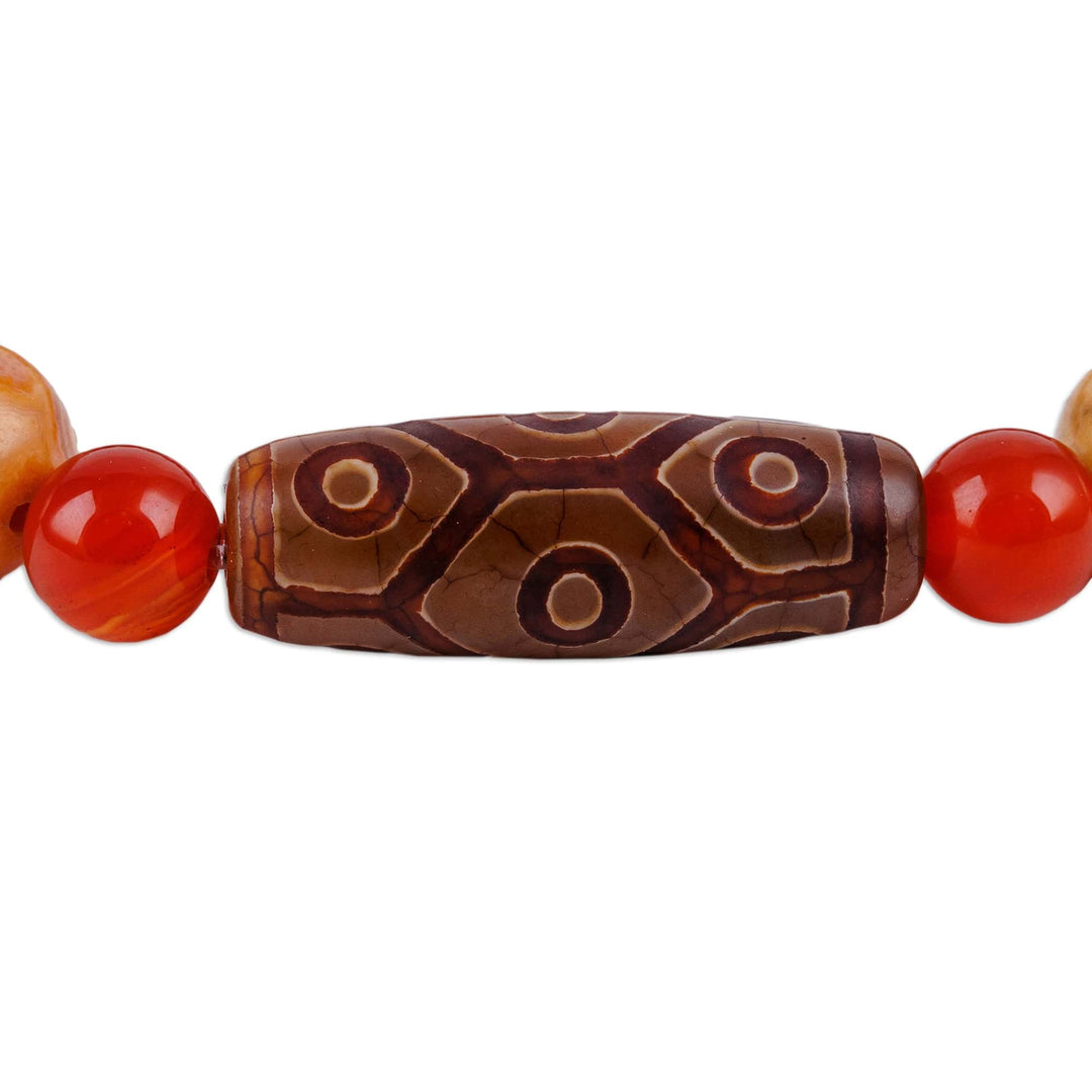 Multi-Gemstone Wood Beaded Dzi Stretch Pendant Bracelet - Orange Dzi