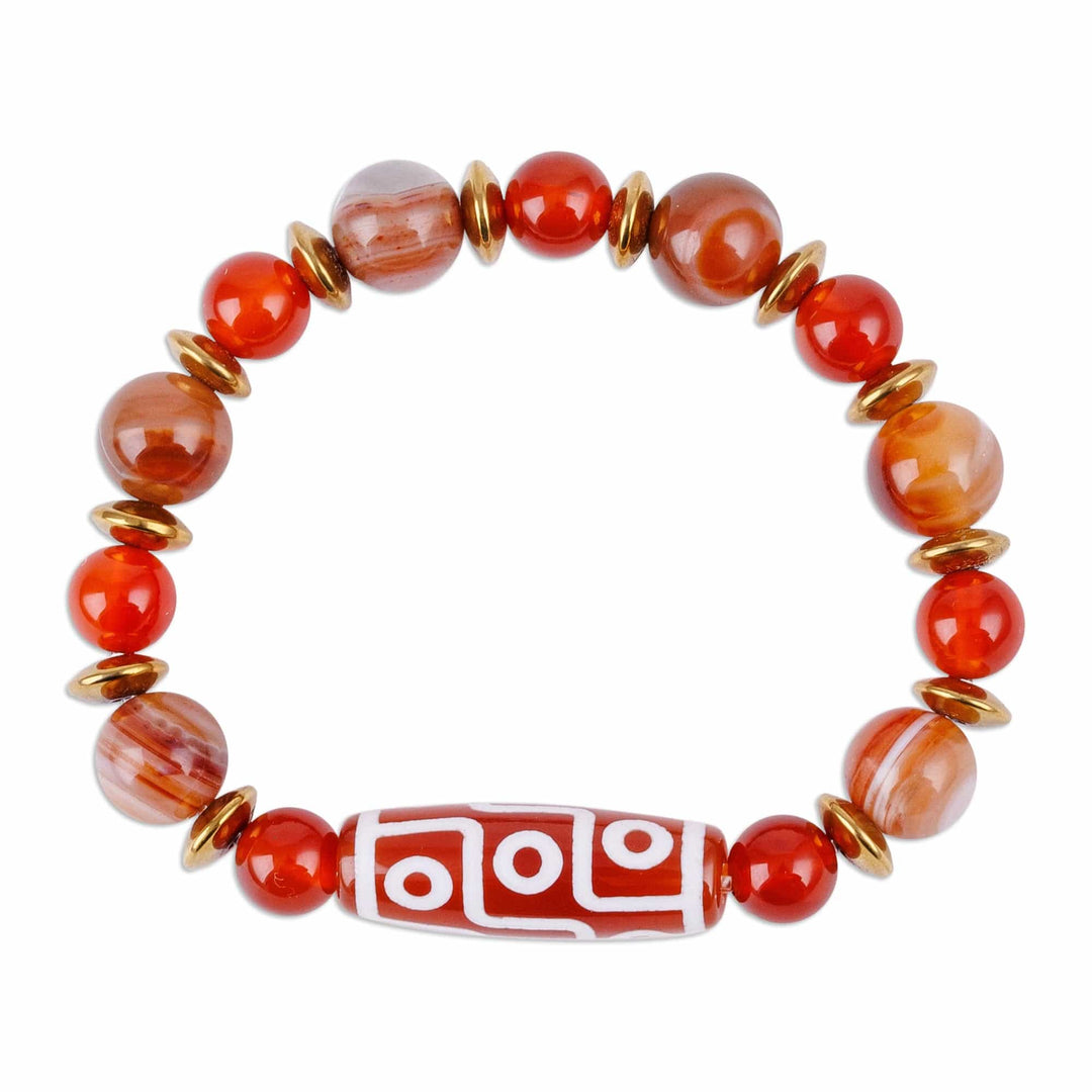 Dzi Carnelian Agate Hematite Beaded Stretch Pendant Bracelet - Colorful Dzi