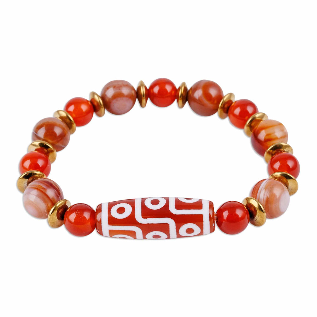 Dzi Carnelian Agate Hematite Beaded Stretch Pendant Bracelet - Colorful Dzi
