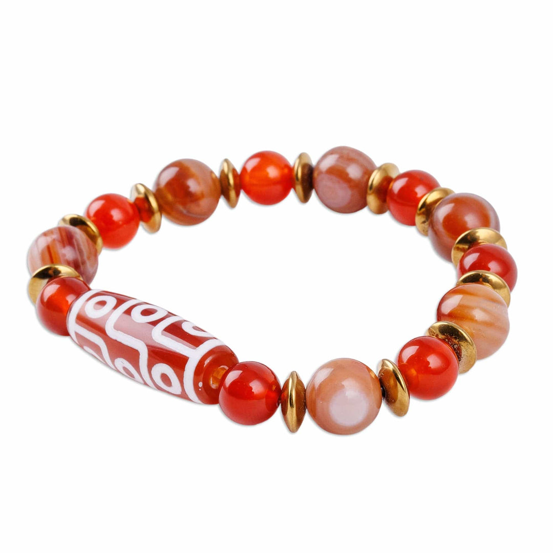 Dzi Carnelian Agate Hematite Beaded Stretch Pendant Bracelet - Colorful Dzi