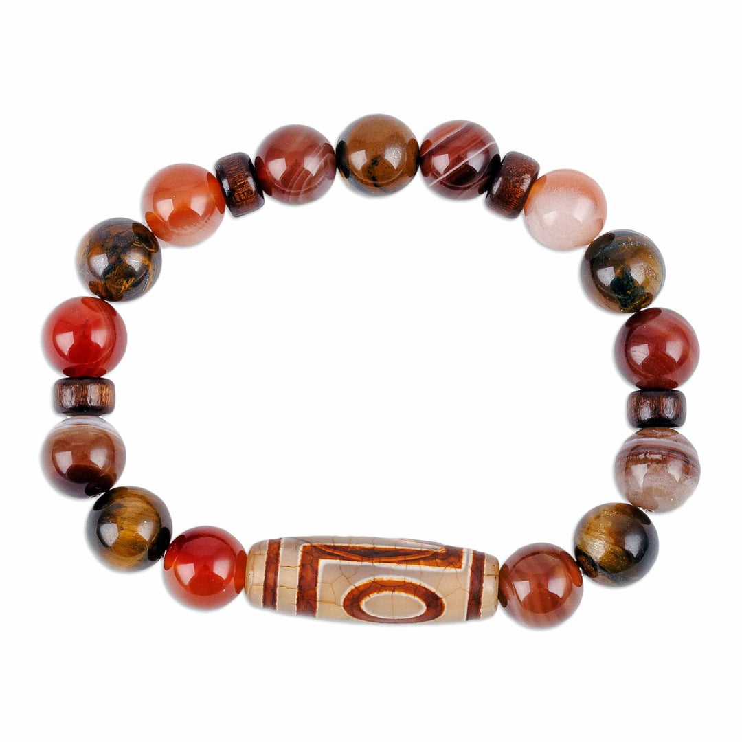 1-Eyed Dzi Multi-Gemstone Wood Bead Stretch Pendant Bracelet - One-Eyed Dzi
