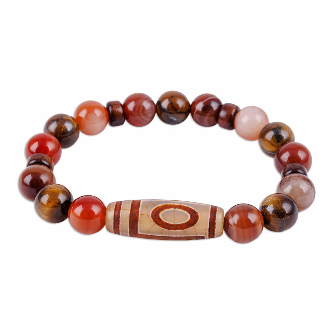 1-Eyed Dzi Multi-Gemstone Wood Bead Stretch Pendant Bracelet - One-Eyed Dzi