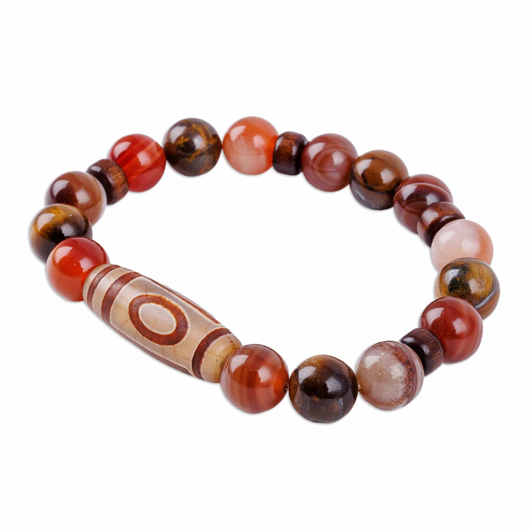 1-Eyed Dzi Multi-Gemstone Wood Bead Stretch Pendant Bracelet - One-Eyed Dzi