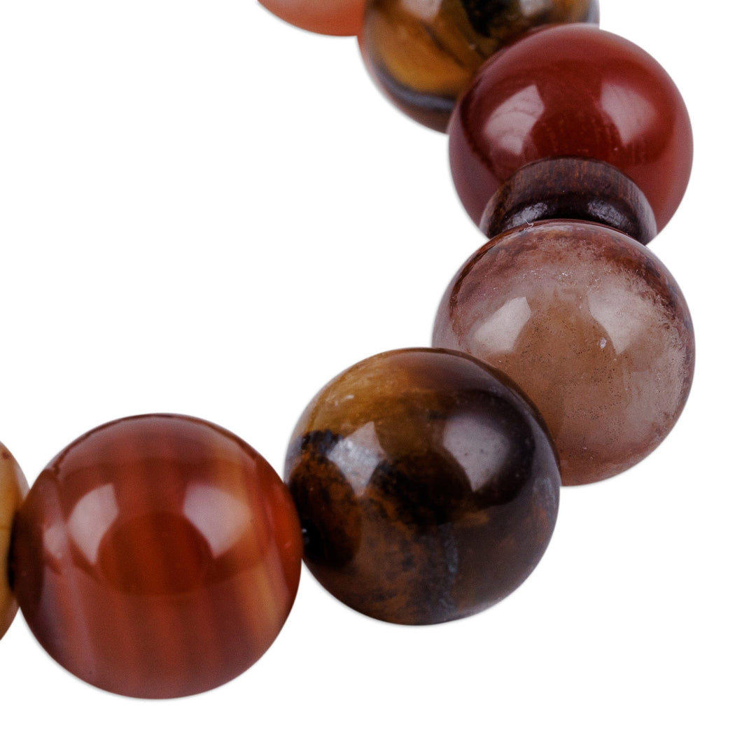 1-Eyed Dzi Multi-Gemstone Wood Bead Stretch Pendant Bracelet - One-Eyed Dzi