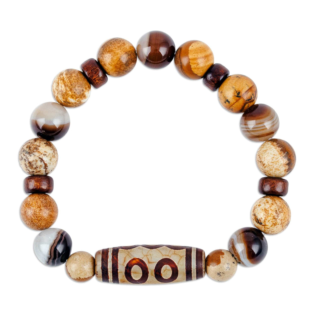 Multi-Gemstone Wood Beaded Stretch Bracelet with Dzi Pendant - Brown Dzi