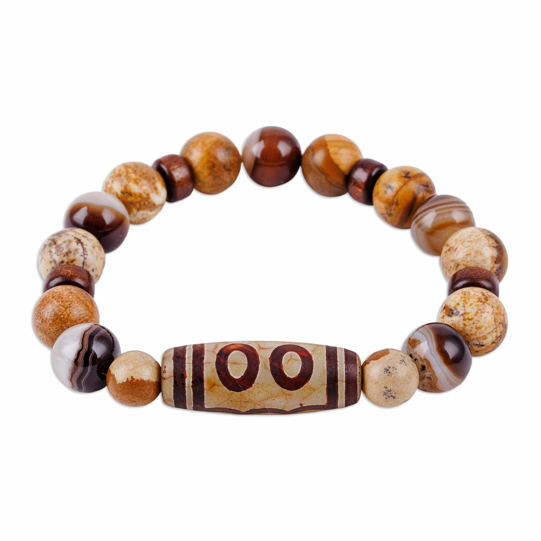 Multi-Gemstone Wood Beaded Stretch Bracelet with Dzi Pendant - Brown Dzi