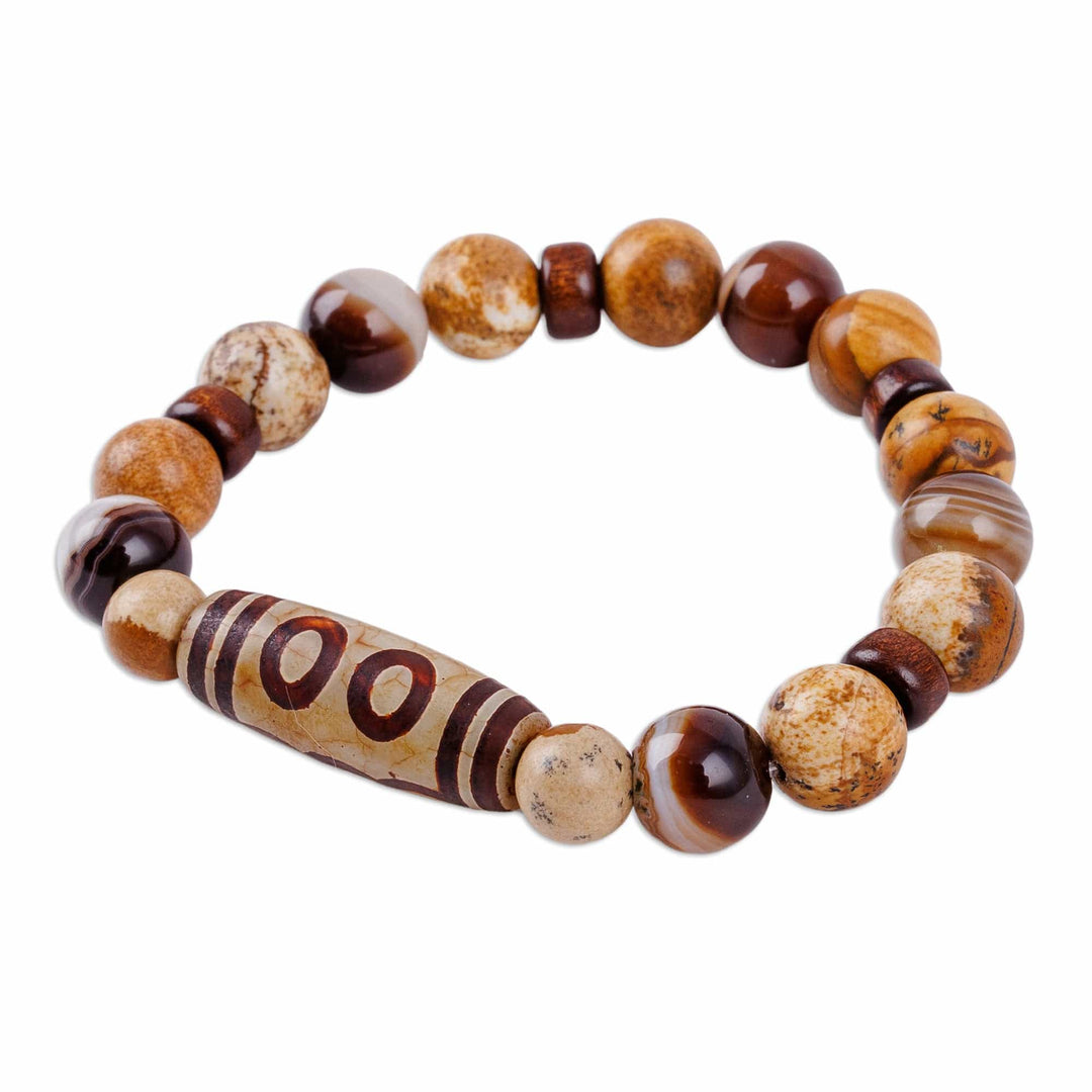 Multi-Gemstone Wood Beaded Stretch Bracelet with Dzi Pendant - Brown Dzi