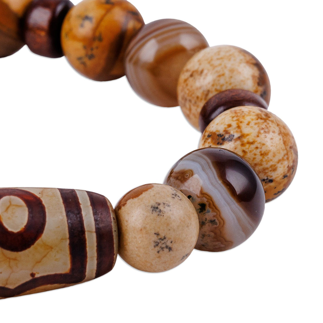 Multi-Gemstone Wood Beaded Stretch Bracelet with Dzi Pendant - Brown Dzi