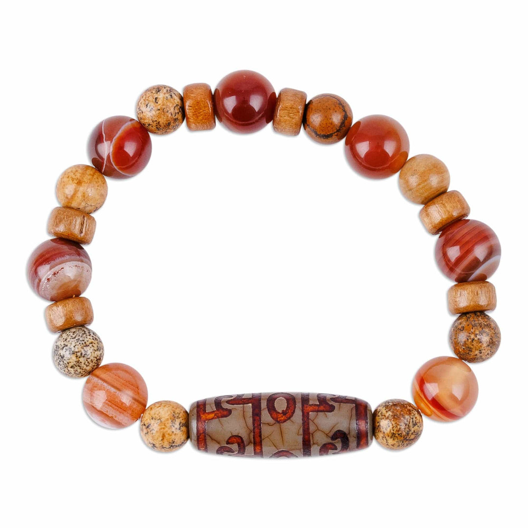 Dzi-Themed Multi-Gemstone and Wood Beaded Stretch Bracelet - Bright Dzi
