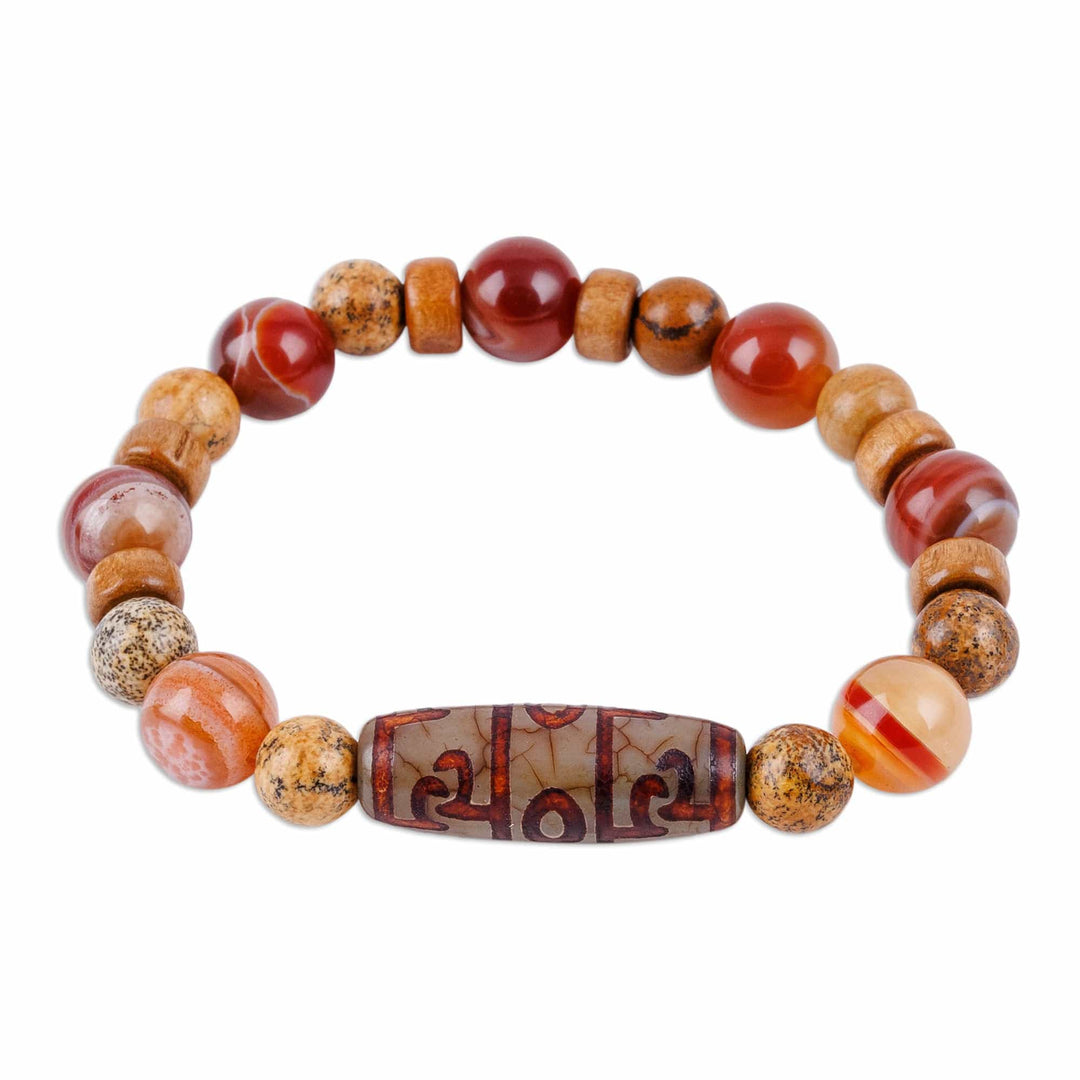 Dzi-Themed Multi-Gemstone and Wood Beaded Stretch Bracelet - Bright Dzi