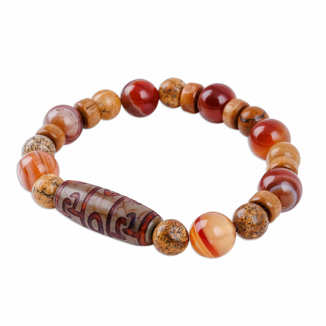 Dzi-Themed Multi-Gemstone and Wood Beaded Stretch Bracelet - Bright Dzi