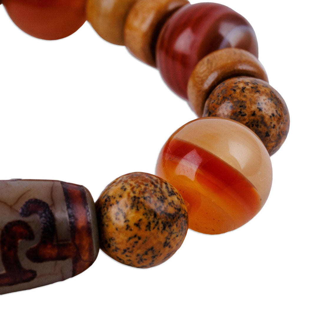 Dzi-Themed Multi-Gemstone and Wood Beaded Stretch Bracelet - Bright Dzi