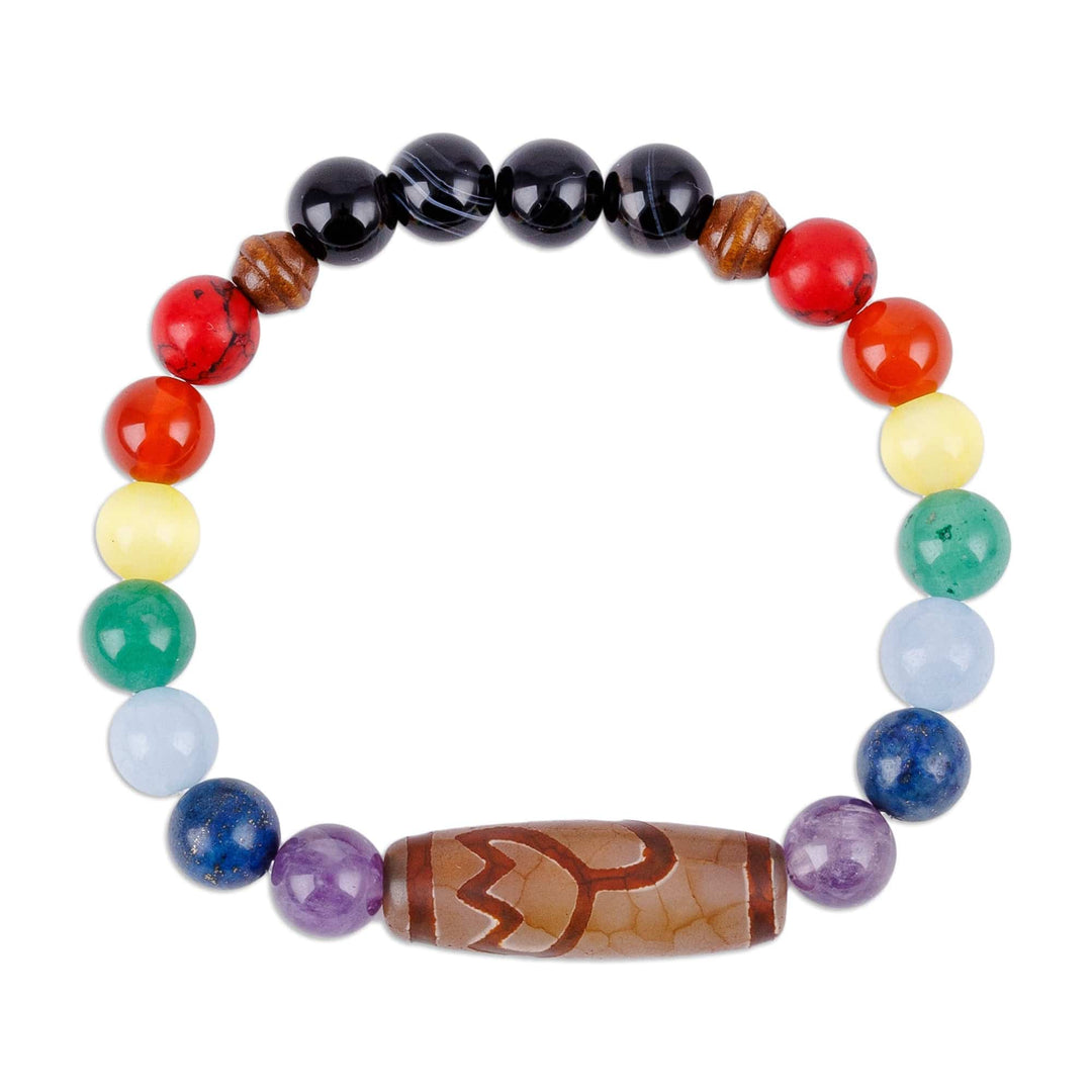 Multi-Gemstone & Wood Beaded Dzi Chakra Stretch Bracelet - Chakra Dzi