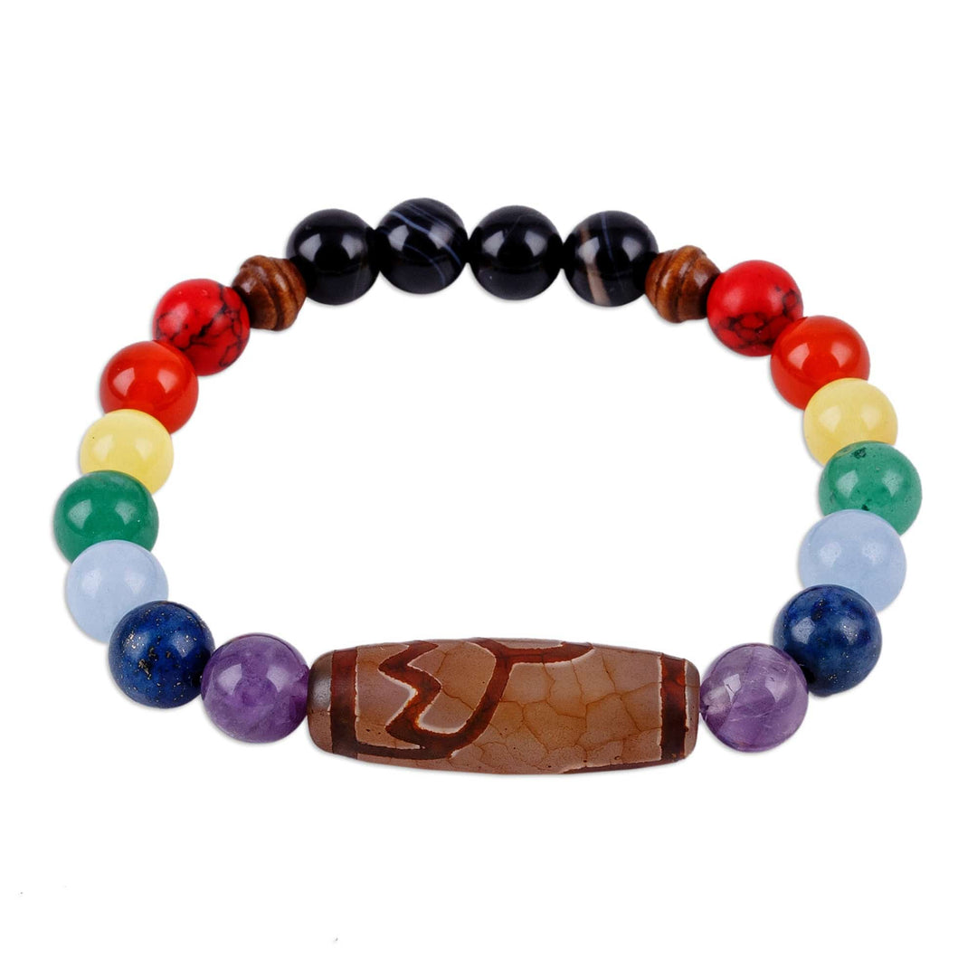 Multi-Gemstone & Wood Beaded Dzi Chakra Stretch Bracelet - Chakra Dzi