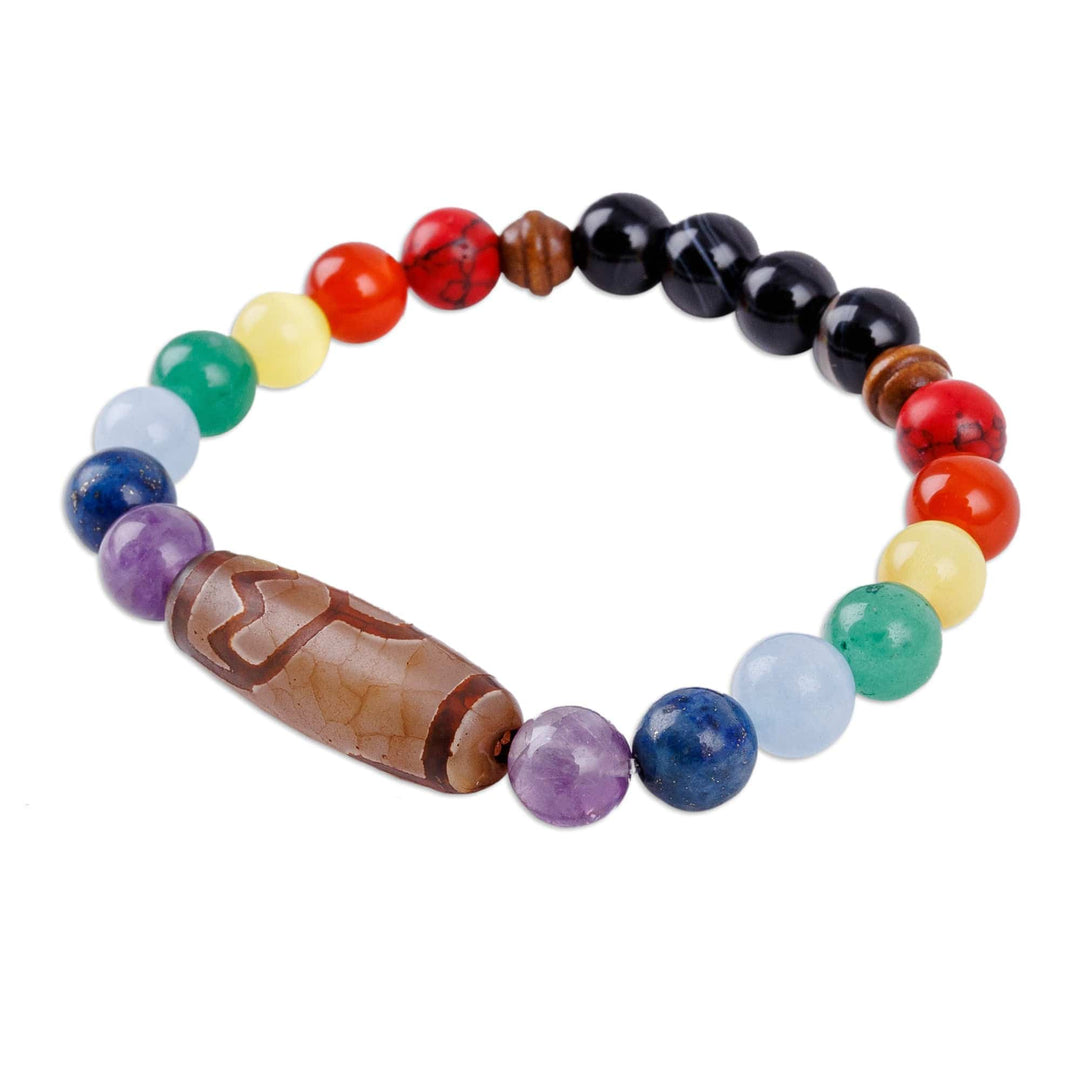 Multi-Gemstone & Wood Beaded Dzi Chakra Stretch Bracelet - Chakra Dzi