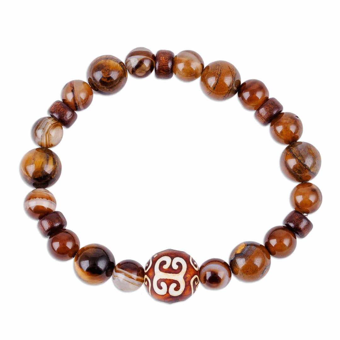 Dzi-Style Multi-Gemstone and Wood Beaded Stretch Bracelet - Cloud Dzi