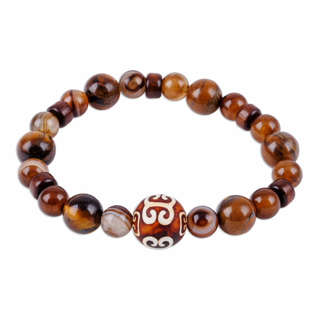 Dzi-Style Multi-Gemstone and Wood Beaded Stretch Bracelet - Cloud Dzi