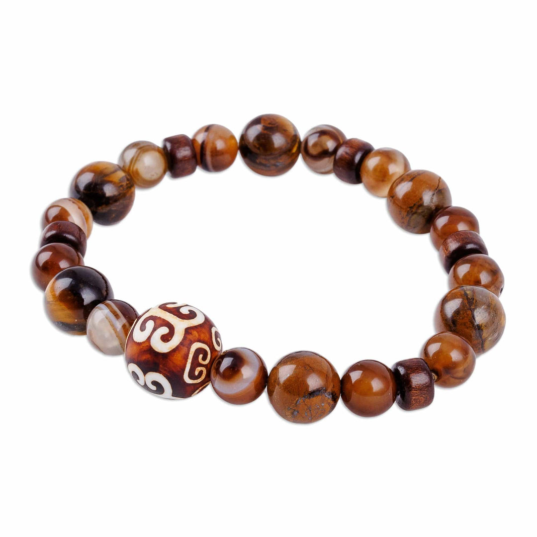 Dzi-Style Multi-Gemstone and Wood Beaded Stretch Bracelet - Cloud Dzi