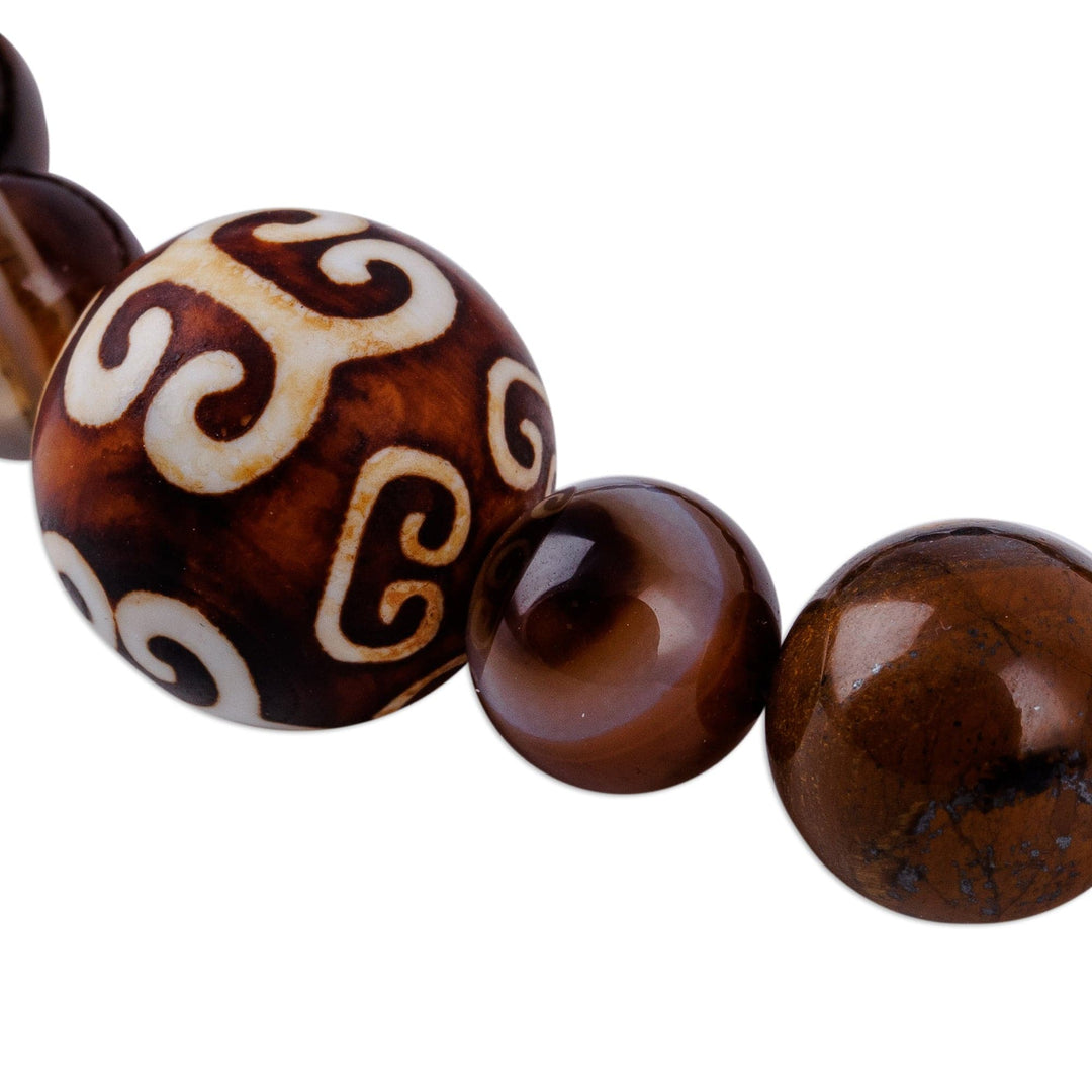 Dzi-Style Multi-Gemstone and Wood Beaded Stretch Bracelet - Cloud Dzi