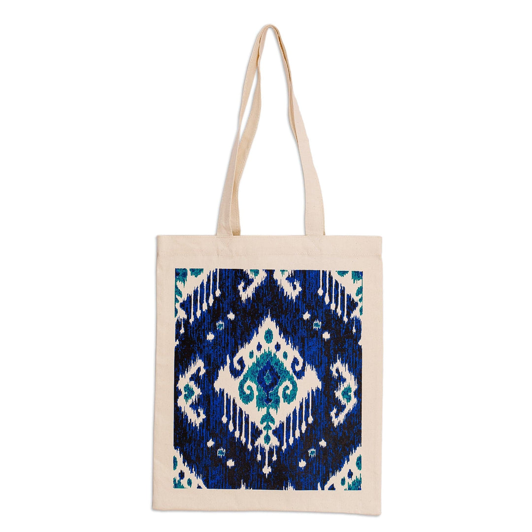 Ikat-Patterned Blue Cotton Tote Bag Handmade in Uzbekistan - Ikat's Blue Spell