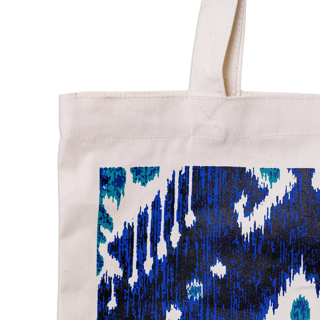 Ikat-Patterned Blue Cotton Tote Bag Handmade in Uzbekistan - Ikat's Blue Spell