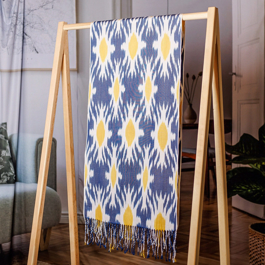 Ikat-Patterned Daisy-Themed Blue and White Cotton Scarf - Daisy Day