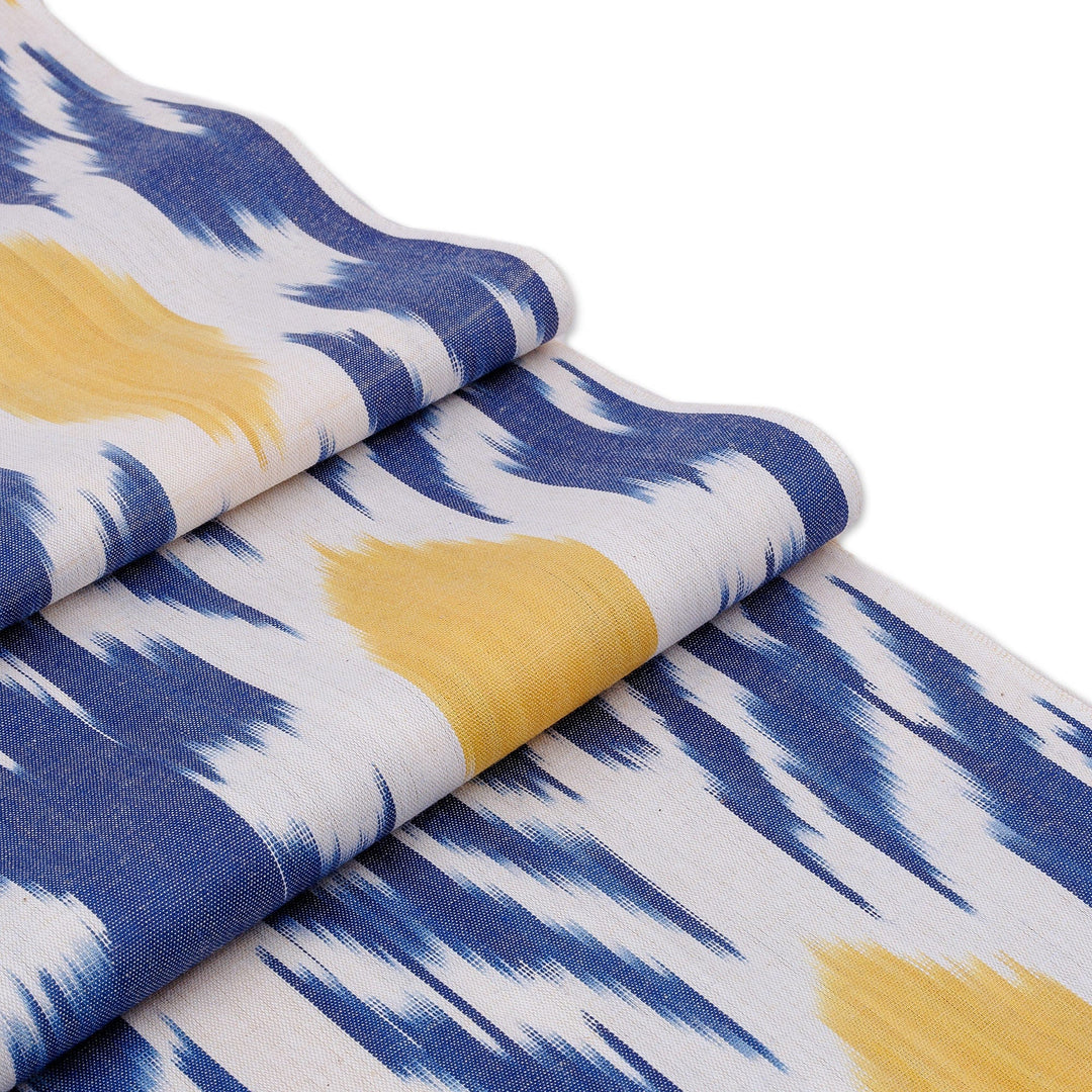 Ikat-Patterned Daisy-Themed Blue and White Cotton Scarf - Daisy Day