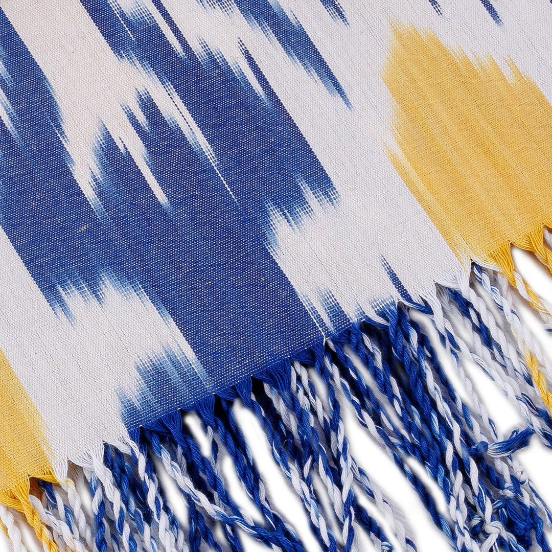 Ikat-Patterned Daisy-Themed Blue and White Cotton Scarf - Daisy Day