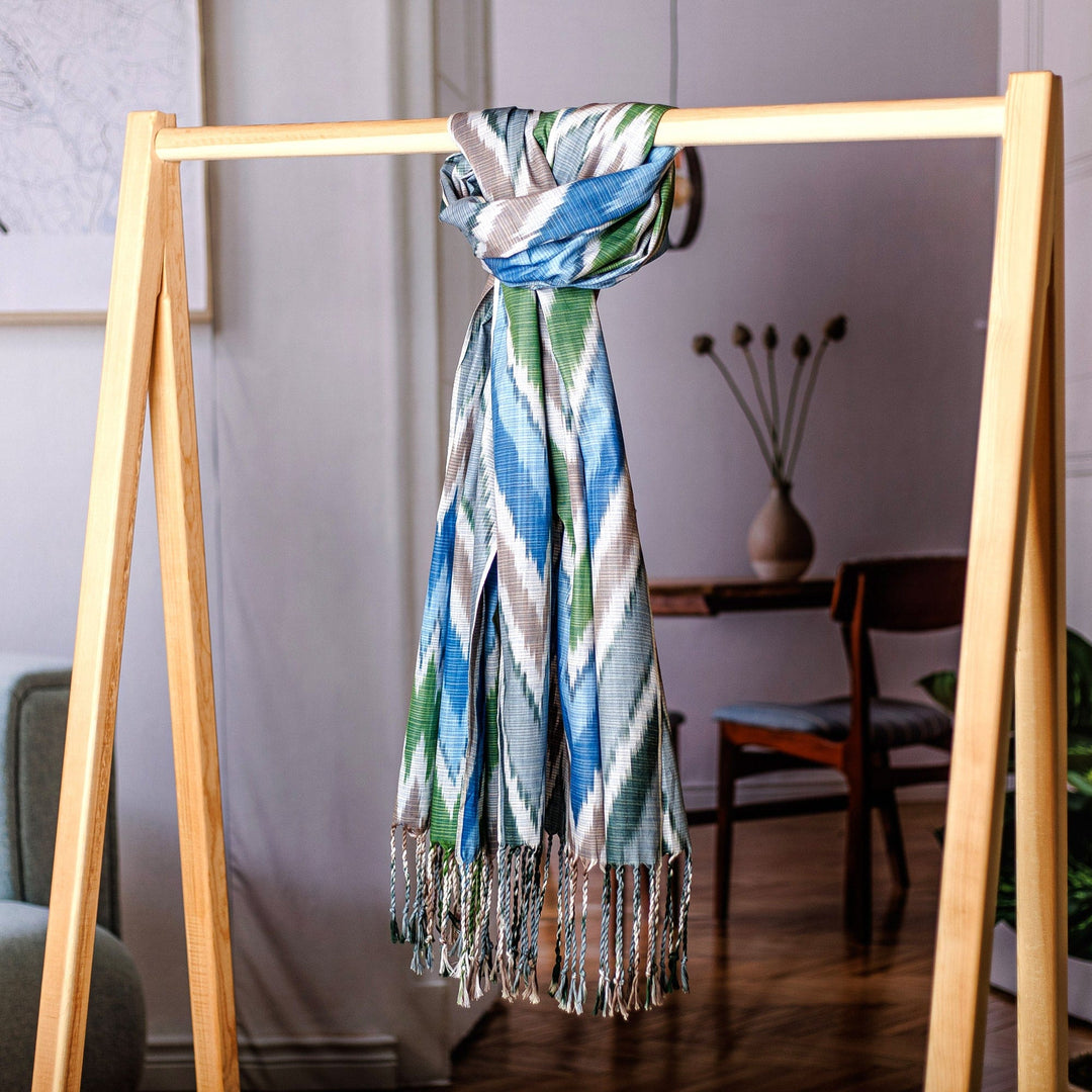 Chevron-Inspired Handmade Colorful Fringed Cotton Ikat Scarf - Rays of Grace