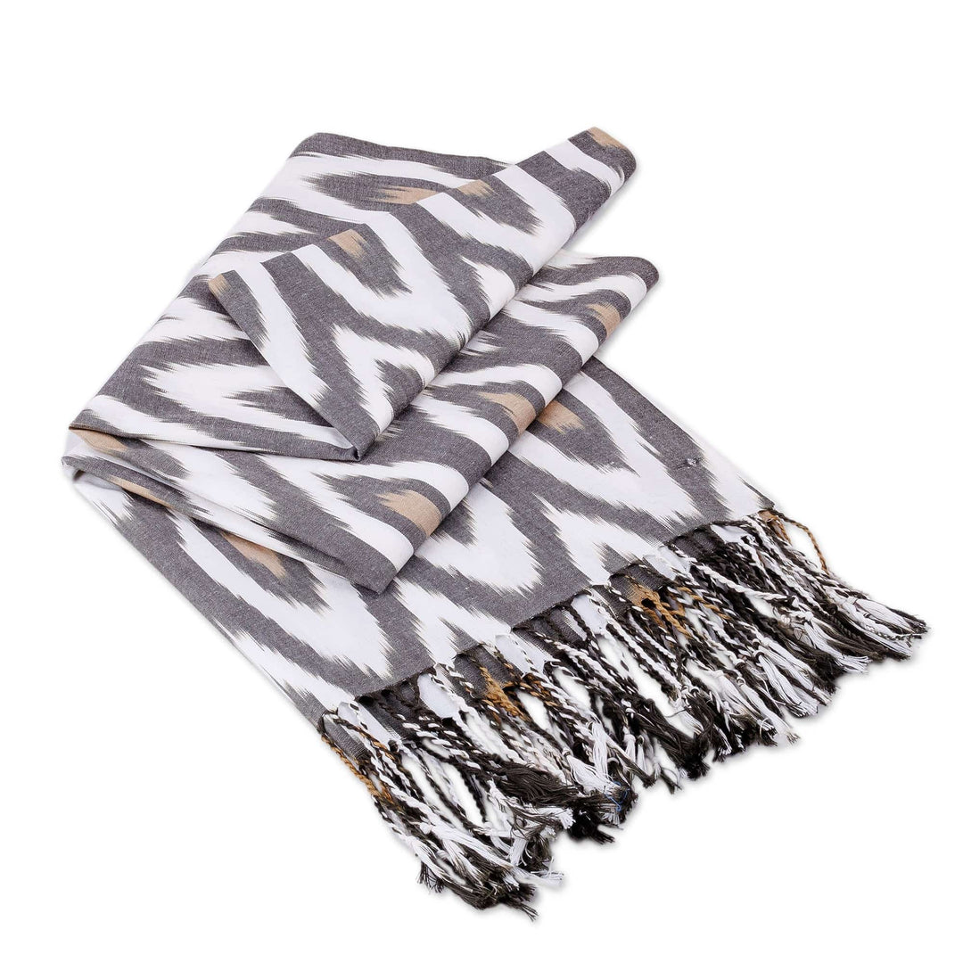 Peacock-Patterned Black and White Fringed Cotton Ikat Scarf - Black Plumage