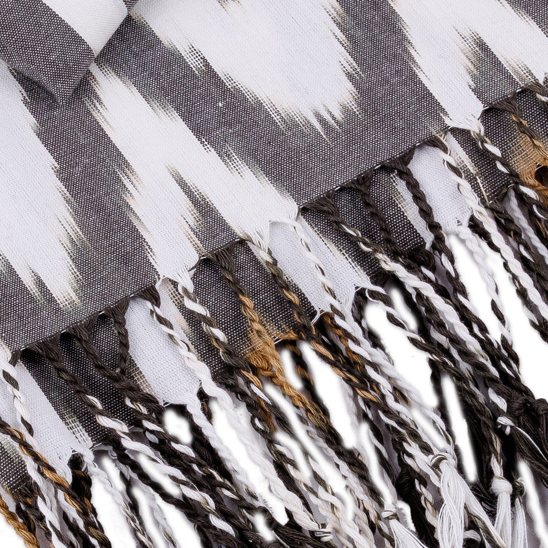 Peacock-Patterned Black and White Fringed Cotton Ikat Scarf - Black Plumage