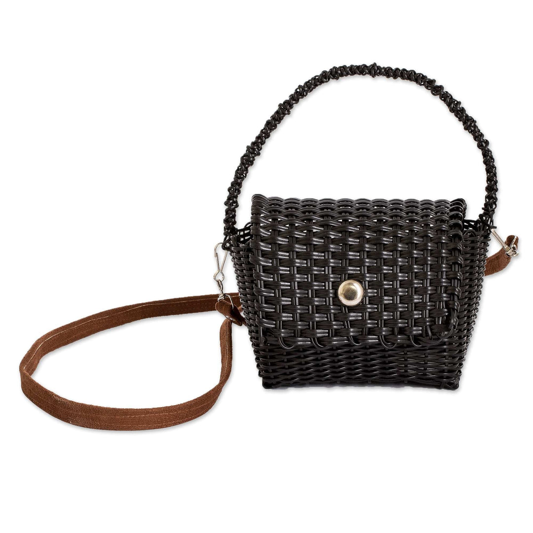 Handwoven Recycled Vinyl Cord Sling and Handle Bag in Black - Obsidian Glam