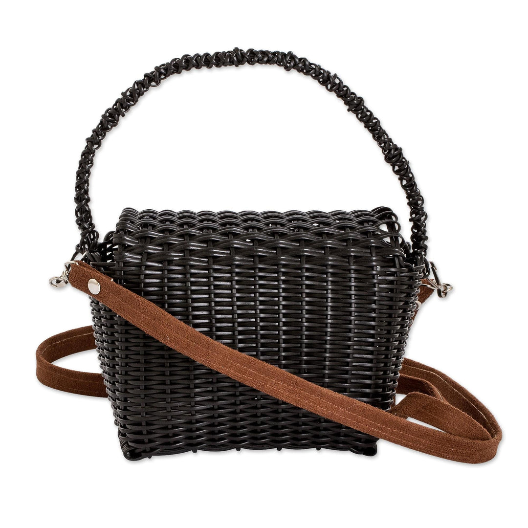 Handwoven Recycled Vinyl Cord Sling and Handle Bag in Black - Obsidian Glam