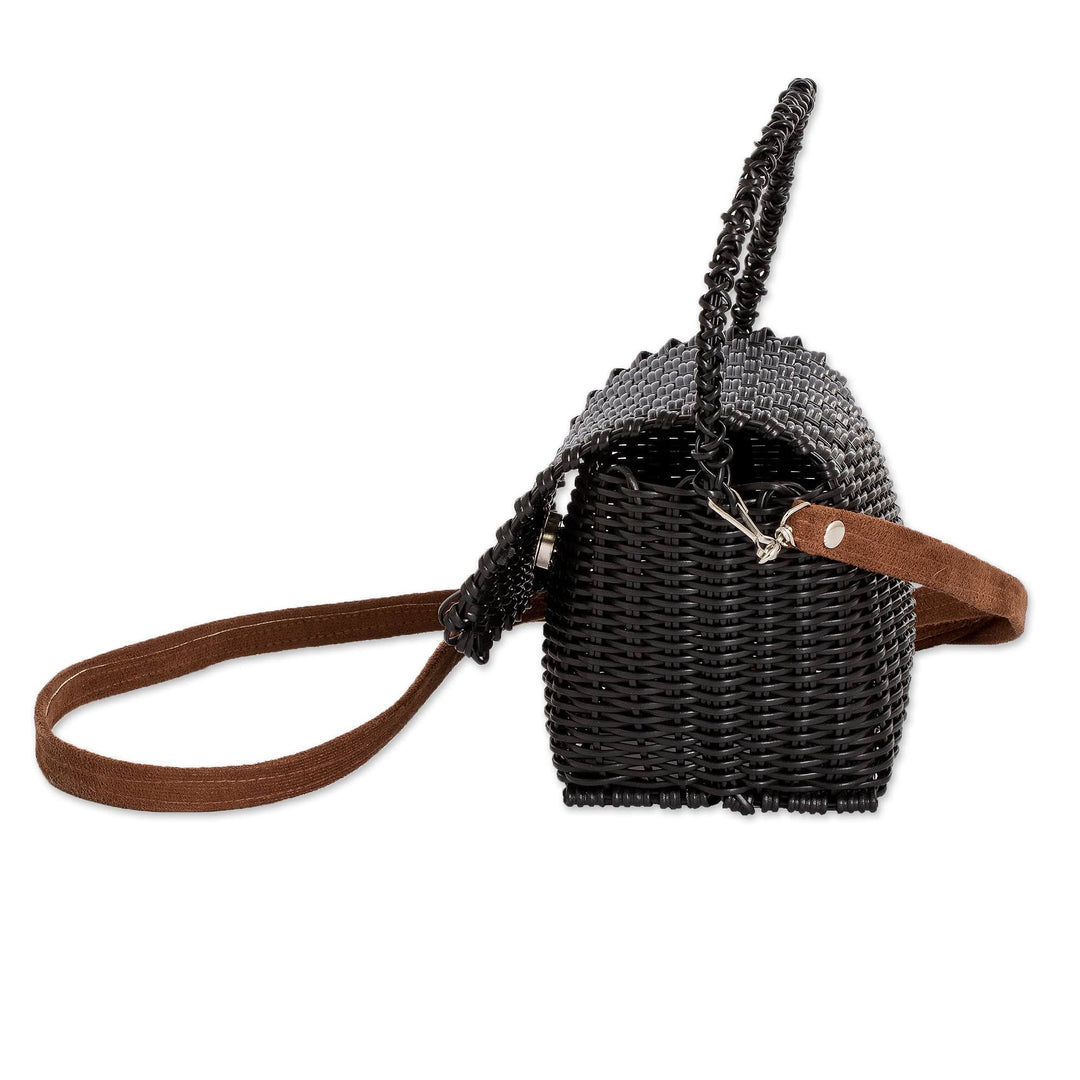Handwoven Recycled Vinyl Cord Sling and Handle Bag in Black - Obsidian Glam