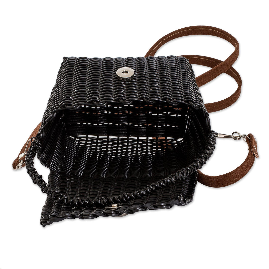 Handwoven Recycled Vinyl Cord Sling and Handle Bag in Black - Obsidian Glam