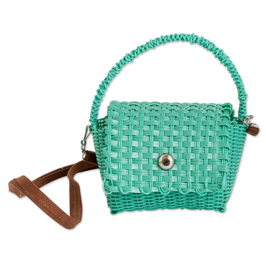 Handwoven Recycled Vinyl Cord Sling and Handle Bag in Aqua - Cheerful Aqua