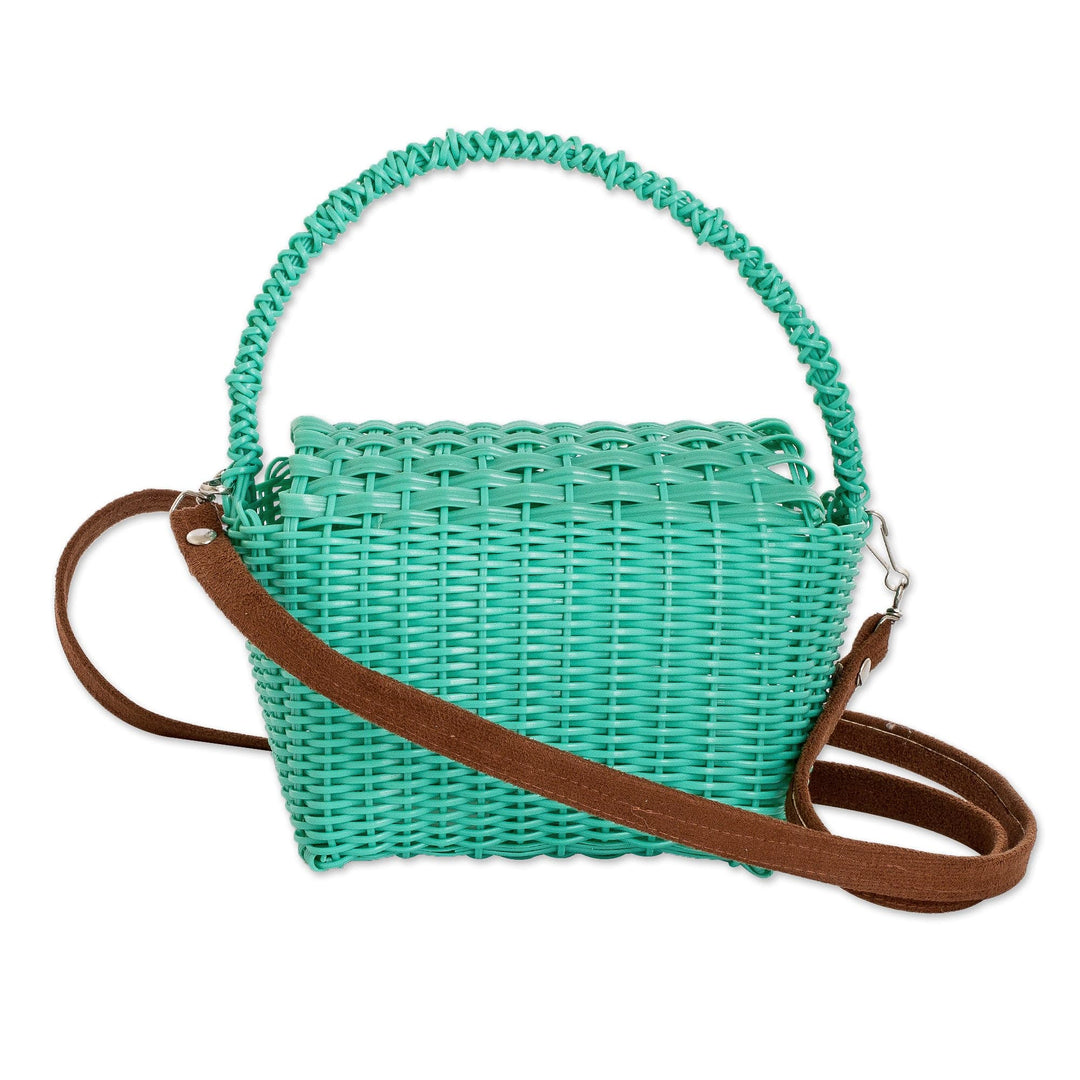 Handwoven Recycled Vinyl Cord Sling and Handle Bag in Aqua - Cheerful Aqua