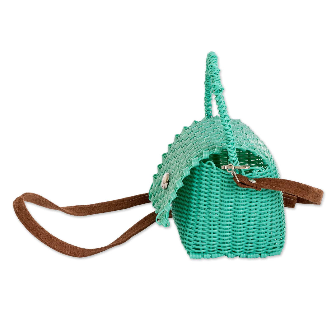Handwoven Recycled Vinyl Cord Sling and Handle Bag in Aqua - Cheerful Aqua
