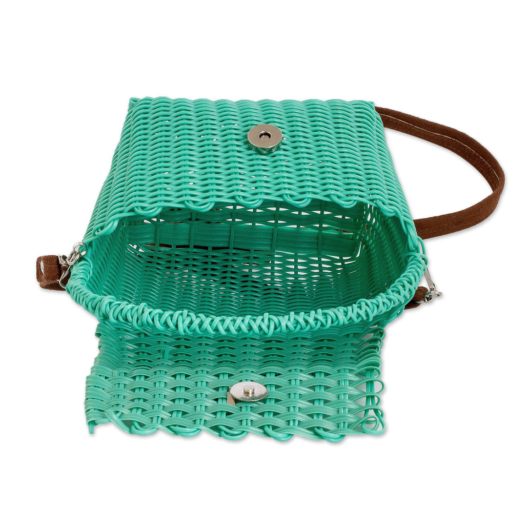 Handwoven Recycled Vinyl Cord Sling and Handle Bag in Aqua - Cheerful Aqua